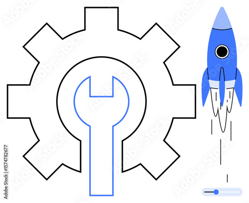 Gear with wrench for tools and maintenance alongside a blue rocket rising, slider for adjustment. Ideal for innovation, startups, technology, engineering, progress, speed optimization. Simple flat