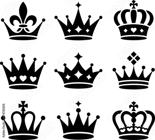 Royal Crown Icon Set – Black and White Silhouette Vector Collection
