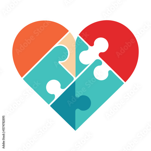Heart shape formed by puzzle pieces in red orange teal and beige on white background