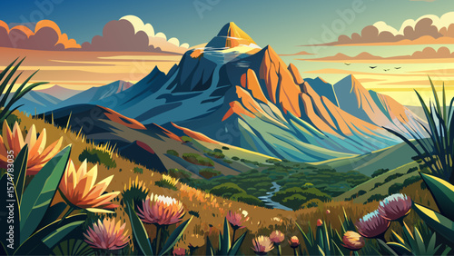 Mount Aspiring, South Africa’s Drakensberg foothills, slopes bloom with proteas and grasses. Rocky promontory glimmers in sunrise mist.