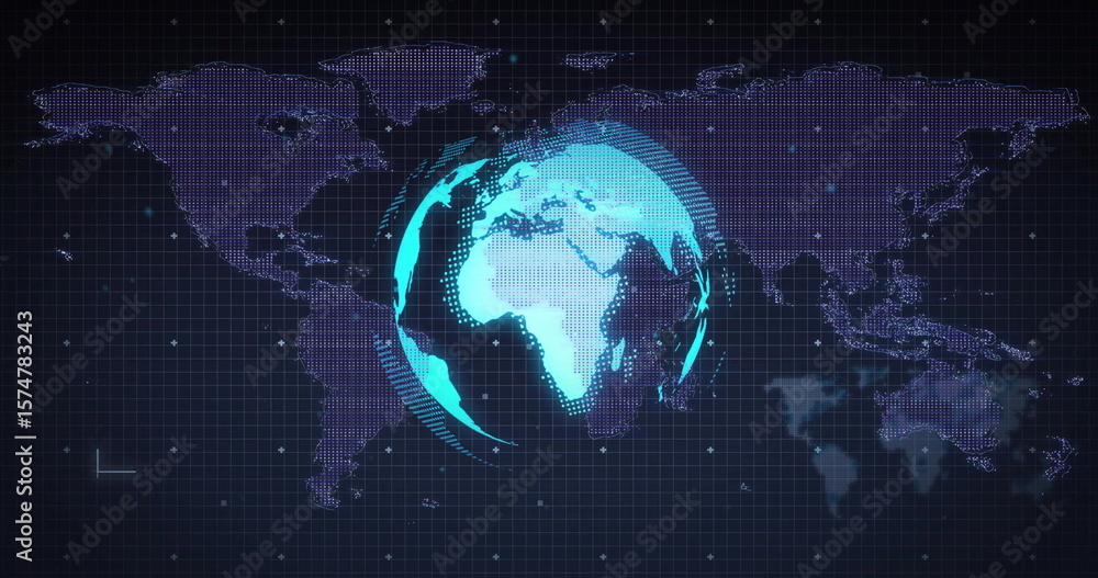 Obraz premium Rotating 3D cyan globe in console, with grid overlay, dotted world map, data rings, glowing nodes