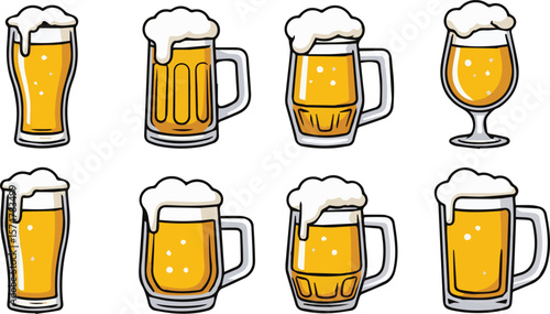 Refreshing beer mugs and glasses with frothy foam perfect for summer celebrations and events