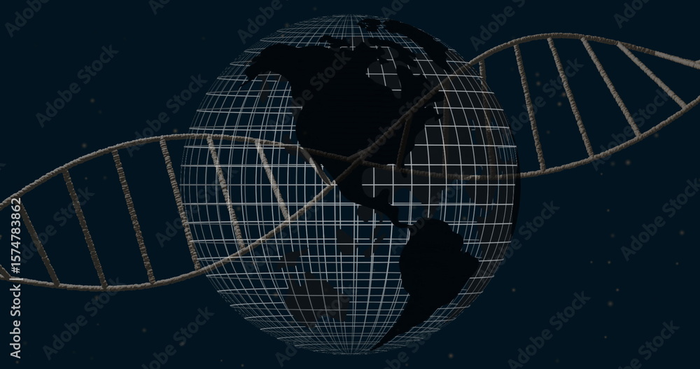 Fototapeta premium Rotating wireframe globe wrapping around twisting DNA double helix in space motif, navy-blue stars