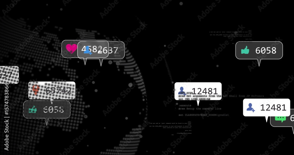 Naklejka premium Hovering reaction icons across world map screen, featuring heart, like, map pin and user counters
