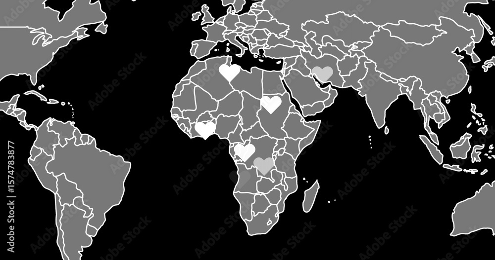 Obraz premium Showing outline world map with heart icons marking Italy Tunisia Ghana Congo Iran on black backdrop