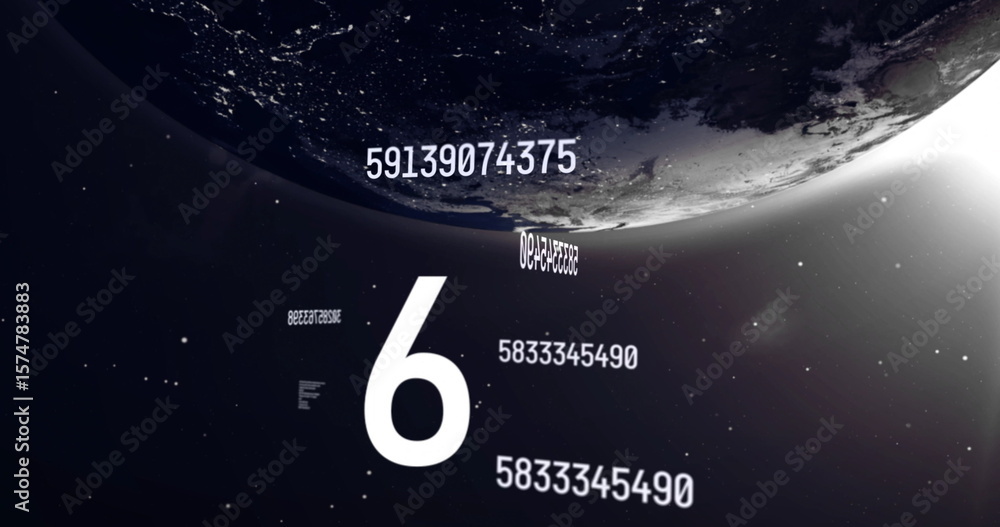 Naklejka premium Floating large white digit 6 among numeric strings in outer space near planet curved surface