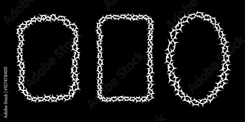 Thorn frame border set white. Curved, oval and square spiky vector elements.