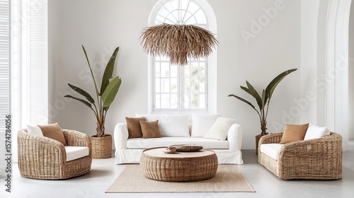 Cozy Living Room Wicker Furniture, Tropical Plants, Bright, airy, for Home Decor