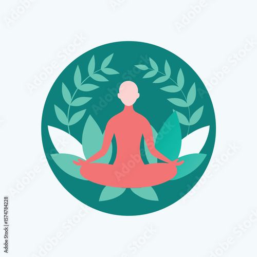 Meditating figure in lotus position inside a teal circle with leaves and white background