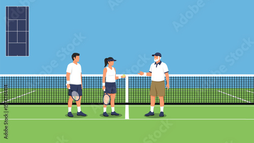 flat vector of tennis player with racket practice training and coach at tennis court