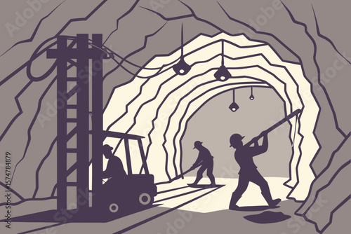 Gold mining tunnel with bore drilling equipment, ideal for mining, mineral extraction, or industry promotions.