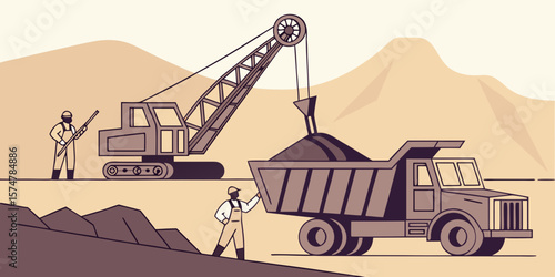Coal workers at open pit mine, ideal for mining, energy, or industrial workforce-themed ads.