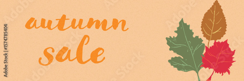 Retro Autumn Sale Banner with Textured, Handdrawn, Vintage, and Organic style, featuring maple, oak, and beech leaves. vector