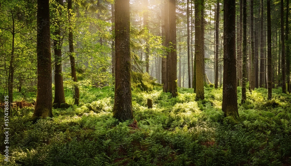 Obraz premium a serene forest landscape featuring tall trees and lush green undergrowth illuminated by soft sunlight