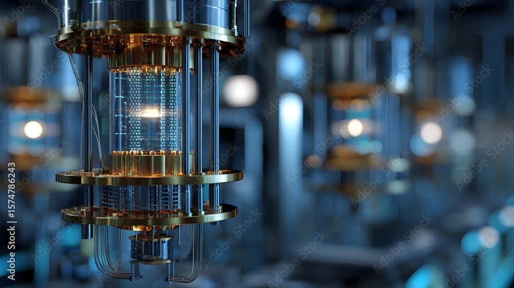 Quantum computing lab environment quantum processors cooling chambers and photonic circuits in high detail advanced physics meets supercomputing visual style glowing dark science themed background Quantum computing lab environment quantum processors cooling chambers and photonic circuits in high detail advanced physics meets supercomputing visual style glowing dark science themed background