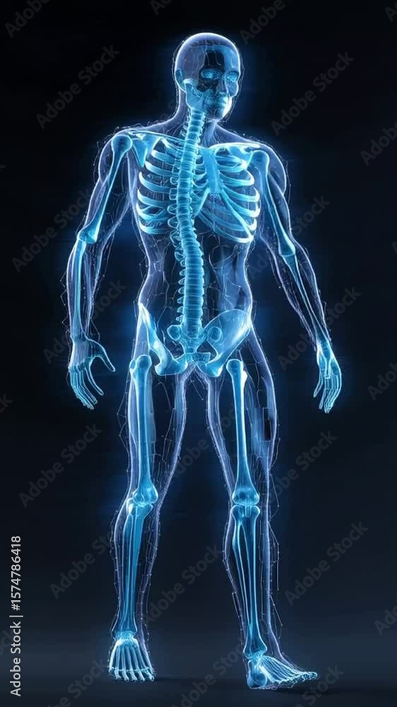 3D x-ray view of a complete human skeleton in a walking pose, with the spine, ribs, and joints glowing blue. A medical concept for anatomy, orthopedics, and biomechanics.
3D x-ray view of a complete human skeleton in a walking pose, with the spine, ribs, and joints glowing blue. A medical concept for anatomy, orthopedics, and biomechanics.