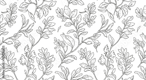Floral pattern illustration with outlined leaves and flowers  
