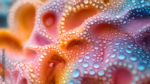 Macro Shot of Dew Droplets on Vivid Psychedelic Fabric Surface with Rainbow Gradient Colors and Rich Texture