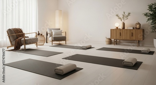 Serene Yoga Studio: Minimalist Design with Mats and Bolsters in Soft Light