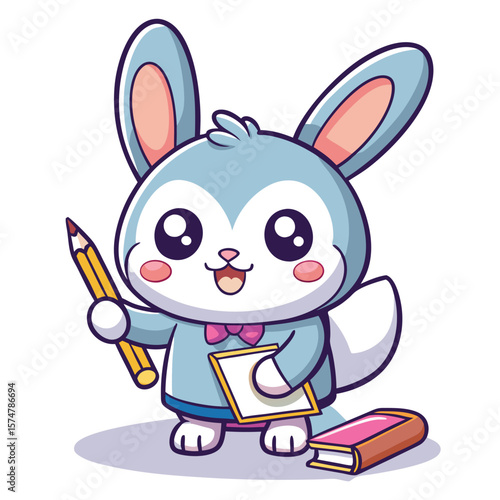 Cute bunny studies with pencil & book