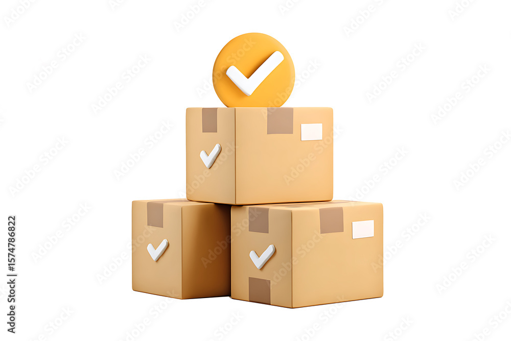 Obraz premium 3D Cardboard boxes with check mark. Delivered order or package. Approved delivery box. Quality control. Parcel security. Cartoon creative design icon isolated on white background. 3D Rendering