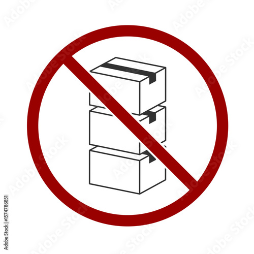 Round red warning sign indicating that stacking boxes on top of each other is prohibited. Isolated without background.