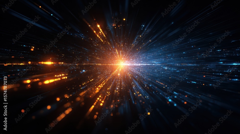 Obraz premium Digital technology background with blue and orange lights, glowing digital data streams in the center of abstract futuristic space tunnel or dark corridor with light particles and