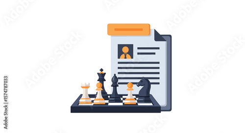 Strategic hiring process visualized with chess pieces and a resume, symbolizing planning and candidate selection.