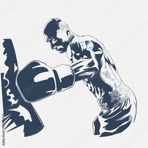 Muscular male boxer punching a heavy bag in powerful training pose, combat sports vector illustration