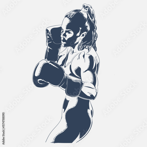 Strong athletic woman in boxing gloves and ponytail hair, ready fighting stance pose for training or combat sport vector illustration