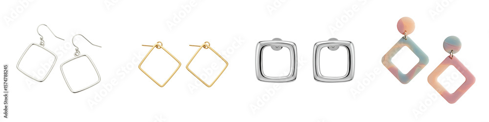 Fototapeta premium Collection of open square earrings isolated on transparent background