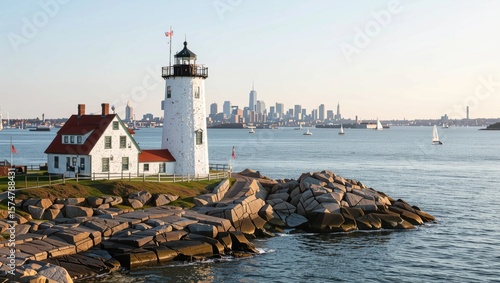 Scenic view of the historic Graves Light in Boston Harbor with the city skyline in the background on a beautiful day