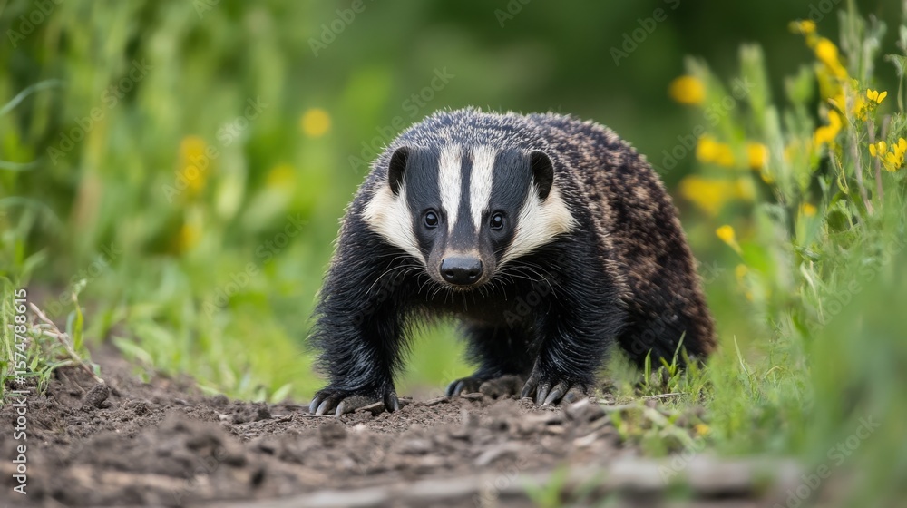 Fototapeta premium Badger standing on a dirt path in a grassy area.