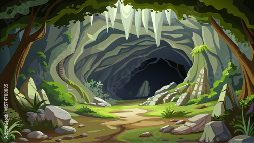 Sterkfontein Caves, South Africa – Limestone cave mouth opens beneath forest edge. Filtered light reveals hidden bone‑rich chambers of deep time.