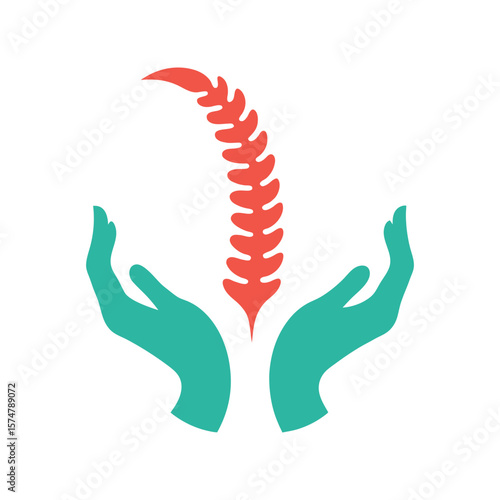 Teal hands cradling a stylized red spine illustration on a white background spinal