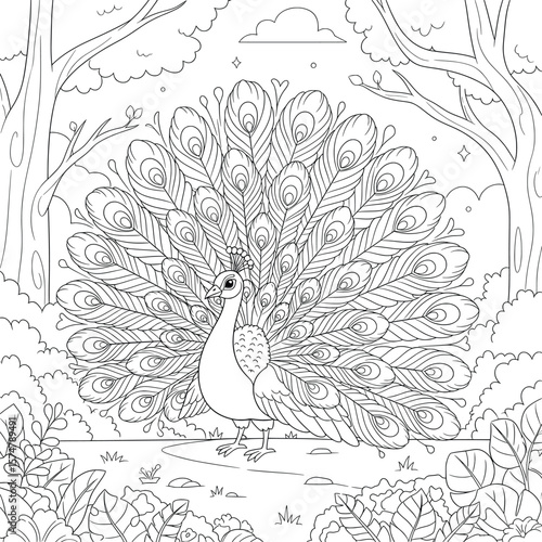 Elegant peacock with fully spread feathers in a forest — intricate cartoon line art coloring page for kids and adults featuring detailed plumage and nature background