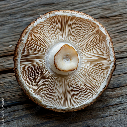 Close-up of sliced mushroom cap on wooden surface with copy space