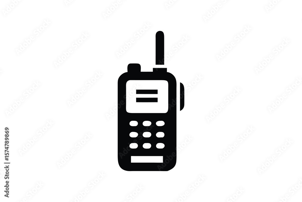 Professional Black and White Icon of a Handheld Two-Way Radio Transceiver, Illustrating Clear Communication and Reliable Technology for Security, Emergency Services, or Industrial Applications. Professional Black and White Icon of a Handheld Two-Way Radio Transceiver, Illustrating Clear Communication and Reliable Technology for Security, Emergency Services, or Industrial Applications.