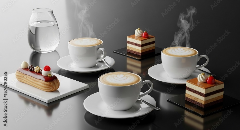 Fototapeta premium Steaming Cappuccinos & Exquisite Pastries: A Luxurious Coffee Break Still Life