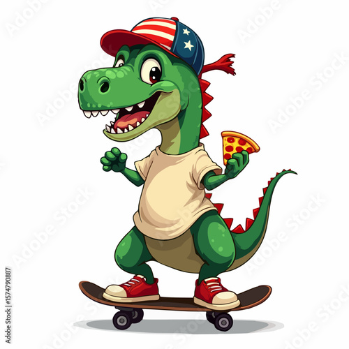 Vector drawing for children t-shirt. 
Cute teenager green american dinosaur boy with 
baseball cap, piece of pizza on skateboard 
on white background. Cartoon design for fabric, 
kids clothing.
