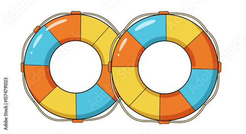 Two colorful life buoys, interlocked to form an infinity symbol, represent continuous support. A creative symbol of safety and endless possibilities.
