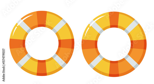 Two vibrant life rings float, showcasing the essence of water safety and the tranquility of a beachside setting. The imagery encapsulates the concepts of safety and security.
