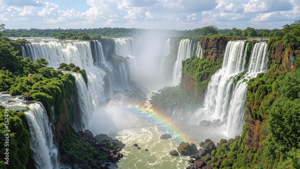 Naklejka premium Majestic waterfalls cascading into a river create a vibrant rainbow near lush, green forest vegetation on a sunny day.