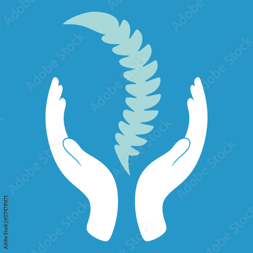 White hands cradling a light blue spine illustration on a vibrant blue background vertebrae