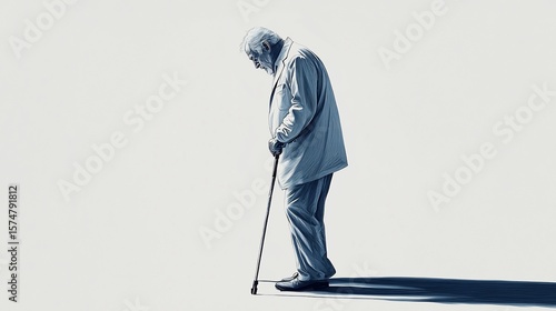 Lonely elderly man walking with a cane