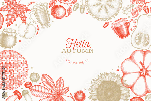Hand Drawn Vector Autumn Illustration. Not AI Generated. Thanksgiving Background. Fall Season Cozy Mood Banner. Vintage Design Template.