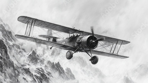 Vintage biplane soaring over majestic mountains