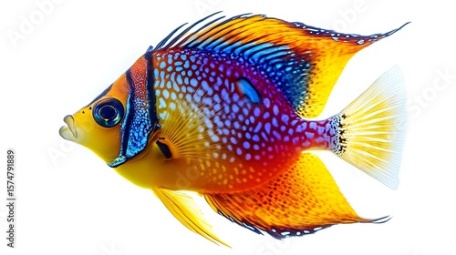 A stunning and vibrant photo of a colorful tropical fish isolated against a white background.
