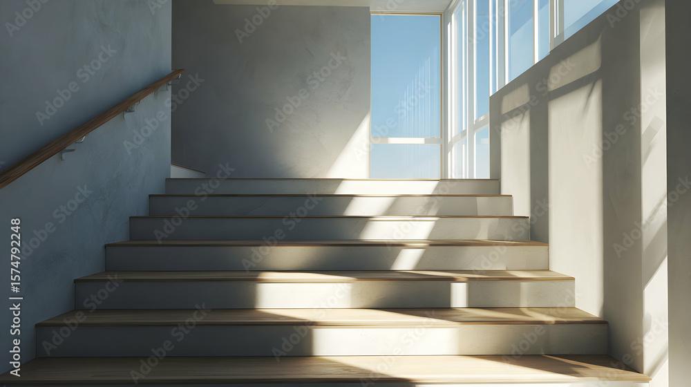 Obraz premium Sunlit stairway in a modern building evokes upward movement and architectural design offering a bright and clean