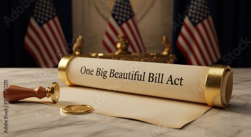 A rolled up bill with the text one big beautiful bill act sits on a desk with an official seal and stamp, with american flags in the background